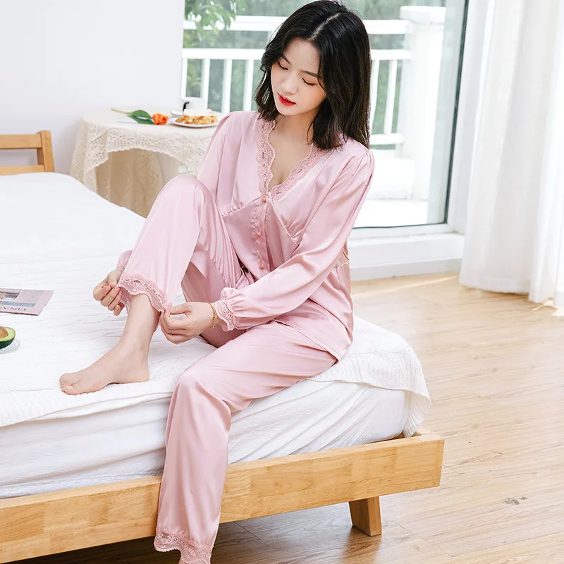 Spring Autumn Home Wear Lace Women's Pajamas Suit Sexy Nightwear V-neck Ice Silk Sleepwear Female Sleeping Wear Lounge Sets