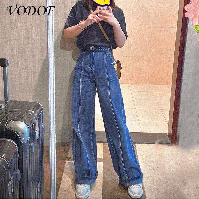 VODOF Casual Blue Denim Trousers for Women High Waist Loose Straight Full Length Jeans Female 2021 Fashion Clothes