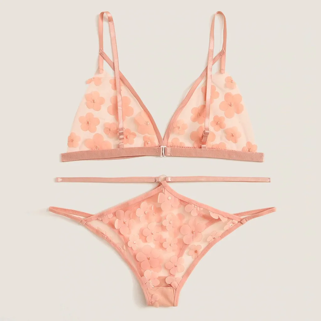 1 Set Lace Lingerie New Women Cute Flower Applique Sheer Cut-Out Bra Thong Lingerie Underwear Set E30