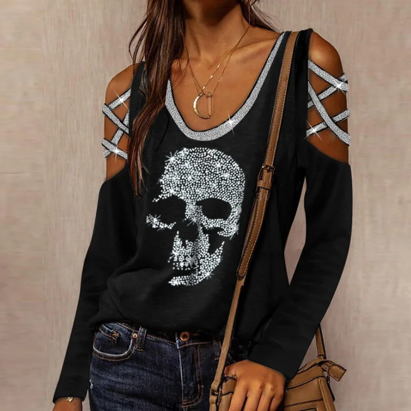 

Women New Off Shoulder Lips Printed Blouse 2021 Spring Criss-cross Long Sleeve Shirt Sexy V-neck Hollow Out Top Streetwear Blusa