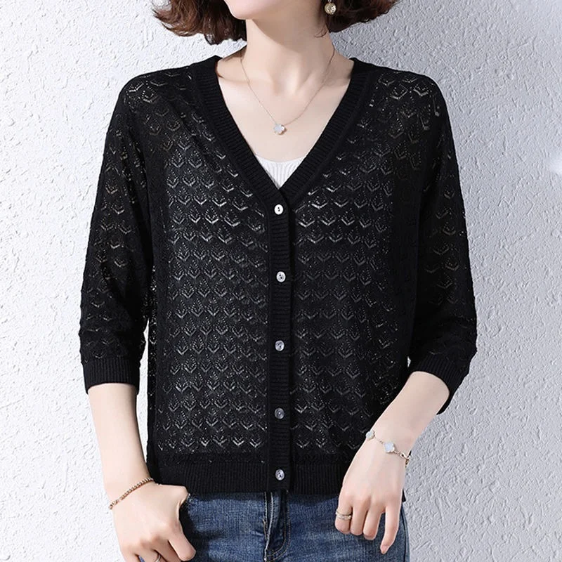 

Korean Women Knitted Spring Cardigan Casual 3/4 Sleeve Open Stitch Female Thin Knitwear Ladies Loose Plus Size 4XL Femme X267