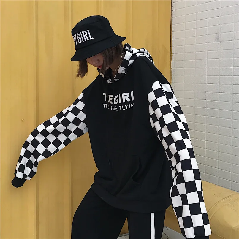 

Street Retro Plaid Hoodie Unisex Stitching Color Harajuku Streetwear Fashion Pocket Hooded Boyfriend Sweatshirt Winter Tops
