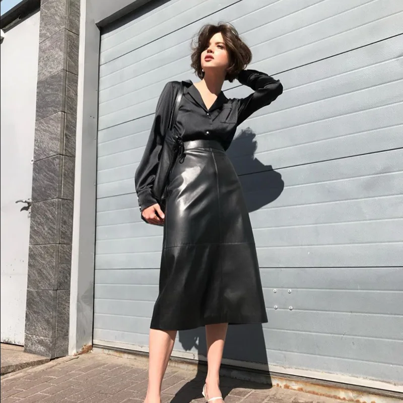 

PU Leather Women's Skirt Autumn Winter Fashion Solid Straight Office Ladies Slim Long Skirt Elegant High Waist casual Bottoms
