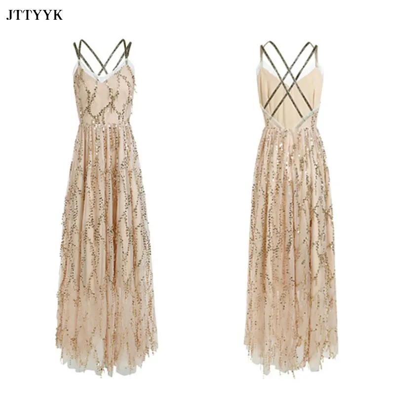 

Net yarn Beach Skirt Female Summer Sequins Sexy Suspender Backless Dress Long Skirt Super Fairy Seaside Vacation Photo Clothes