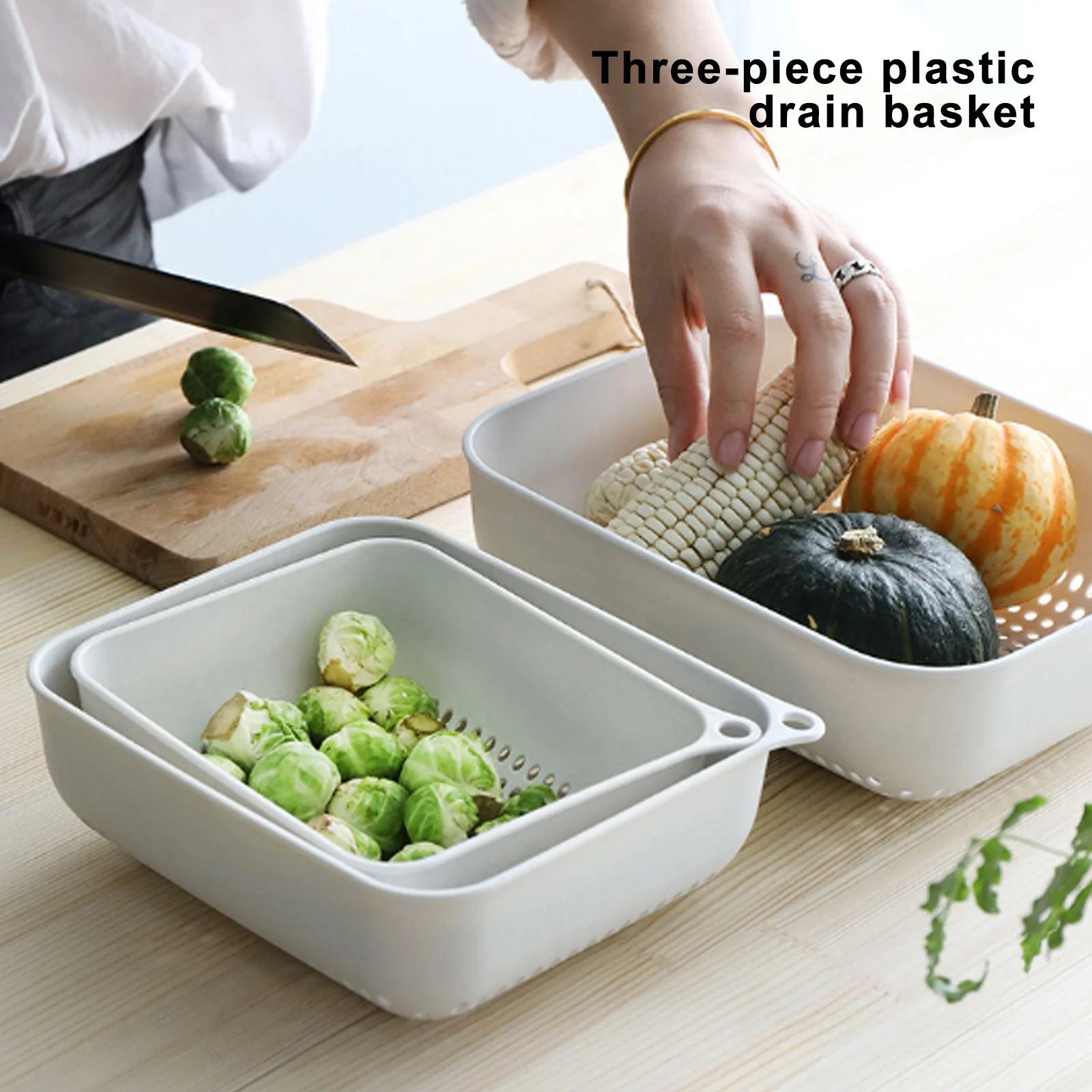 

3Pcs/Set Fruit Vegetable Drain Storage Basket Rectangular Plastic Filter Home Hanging Dish Washing Storage Basket Kitchen Tools