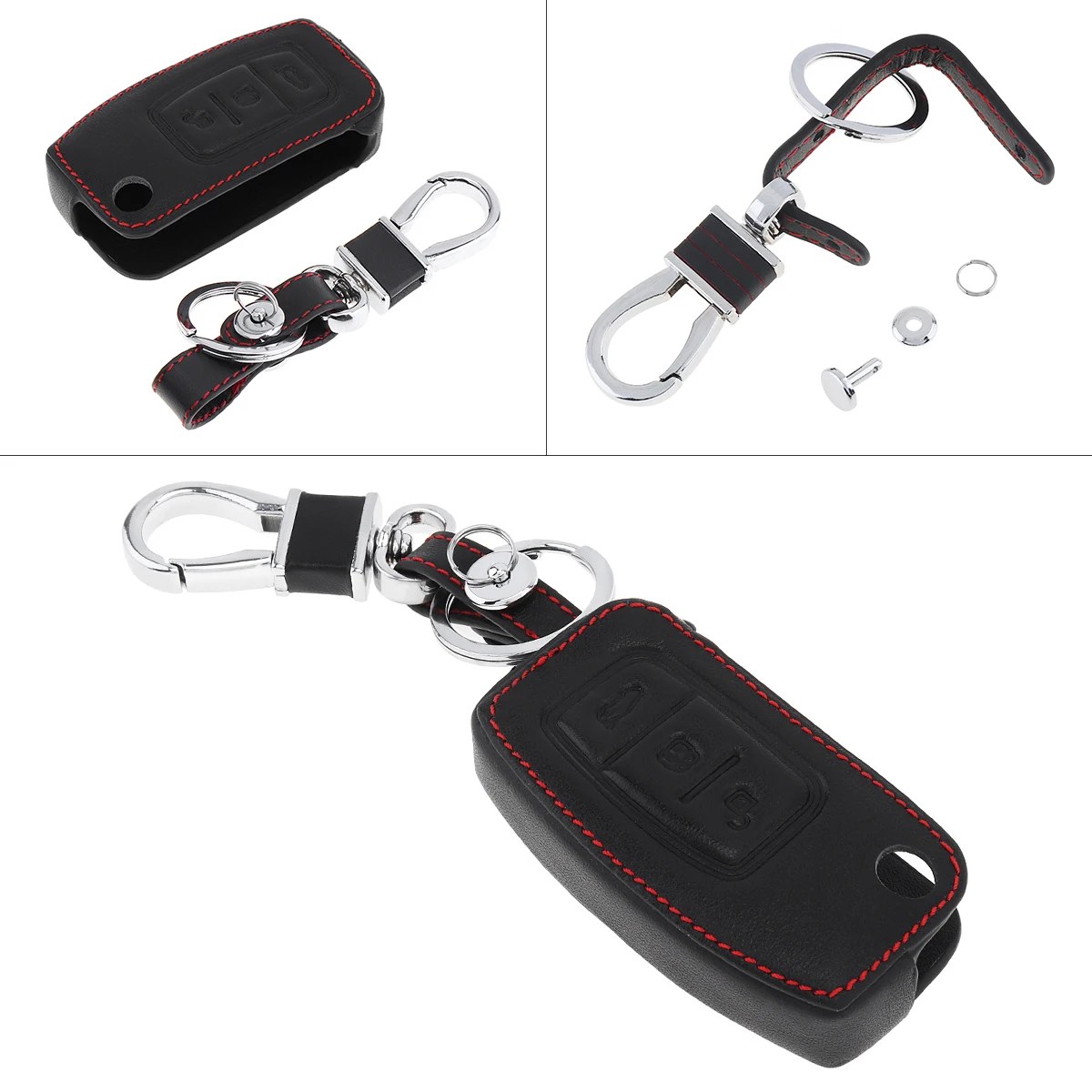 

3D Leather Car Key Cover 3 Buttons Protector Holder with Hanging Buckle Fit for Ford Mondeo / Fiesta / Focus / Galaxy 2003-2010