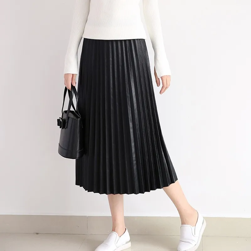 

2021 Elegant Fashion Women Mid Calf Genuine Leather Long Pleated Skirt Ladies Streetwear Vintage Sheepskin Jupe Faldas Mujer