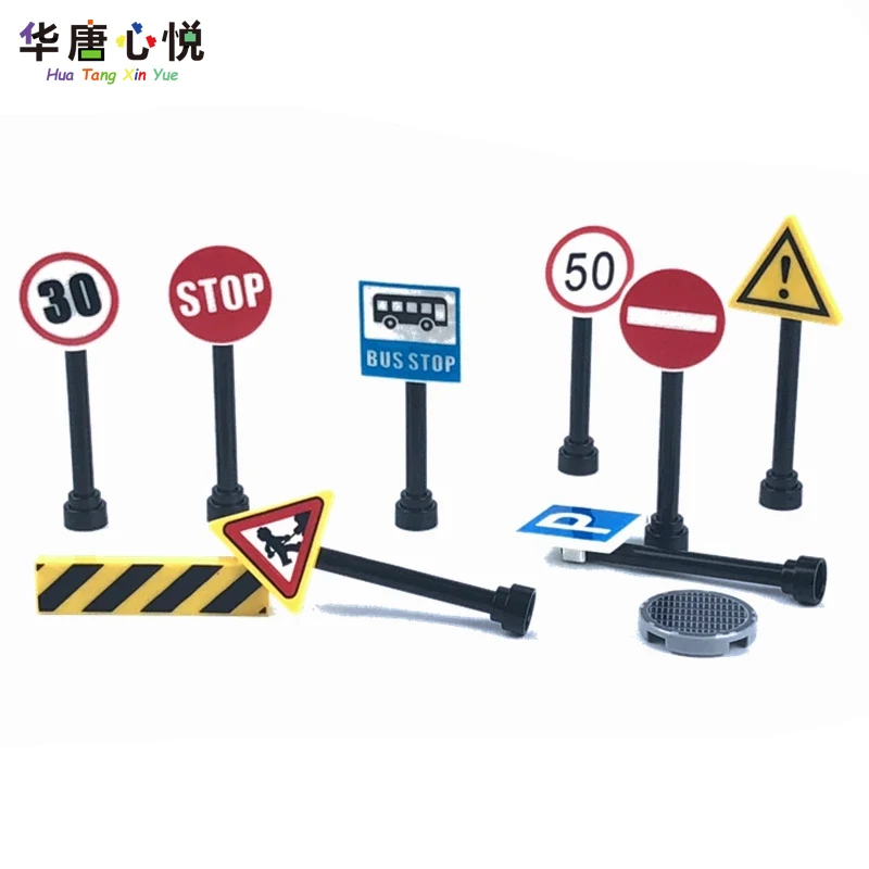 

City Street Light Lamp Post Traffic Lights Road Signs Hook Rotatable MOC Accessories Parts Block Toy Friends Cities Kit