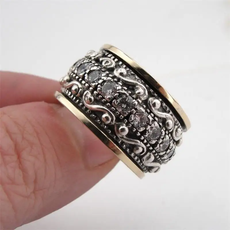 

Retro Ethnic Style Geometric Pattern Inlaid Zircon Rings Silver Color Temperament Women Ring Party Jewelry