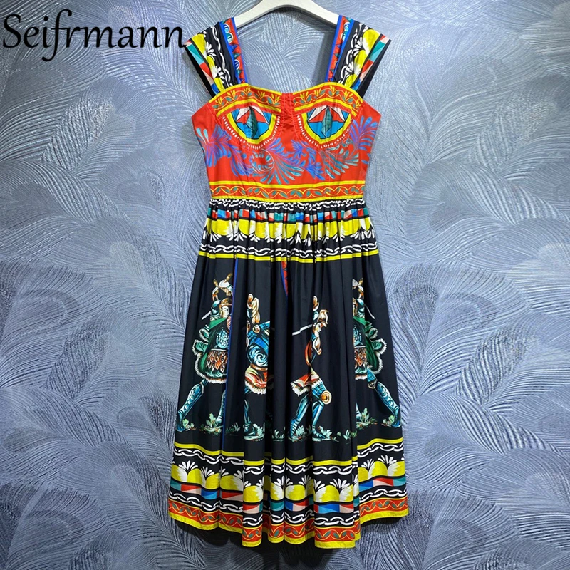

Seifrmann New 2021 Autumn Women Fashion Runway Midi Dress Sexy Spaghetti Strap High Waist Vintage Print A-Line Dresses Vestidos