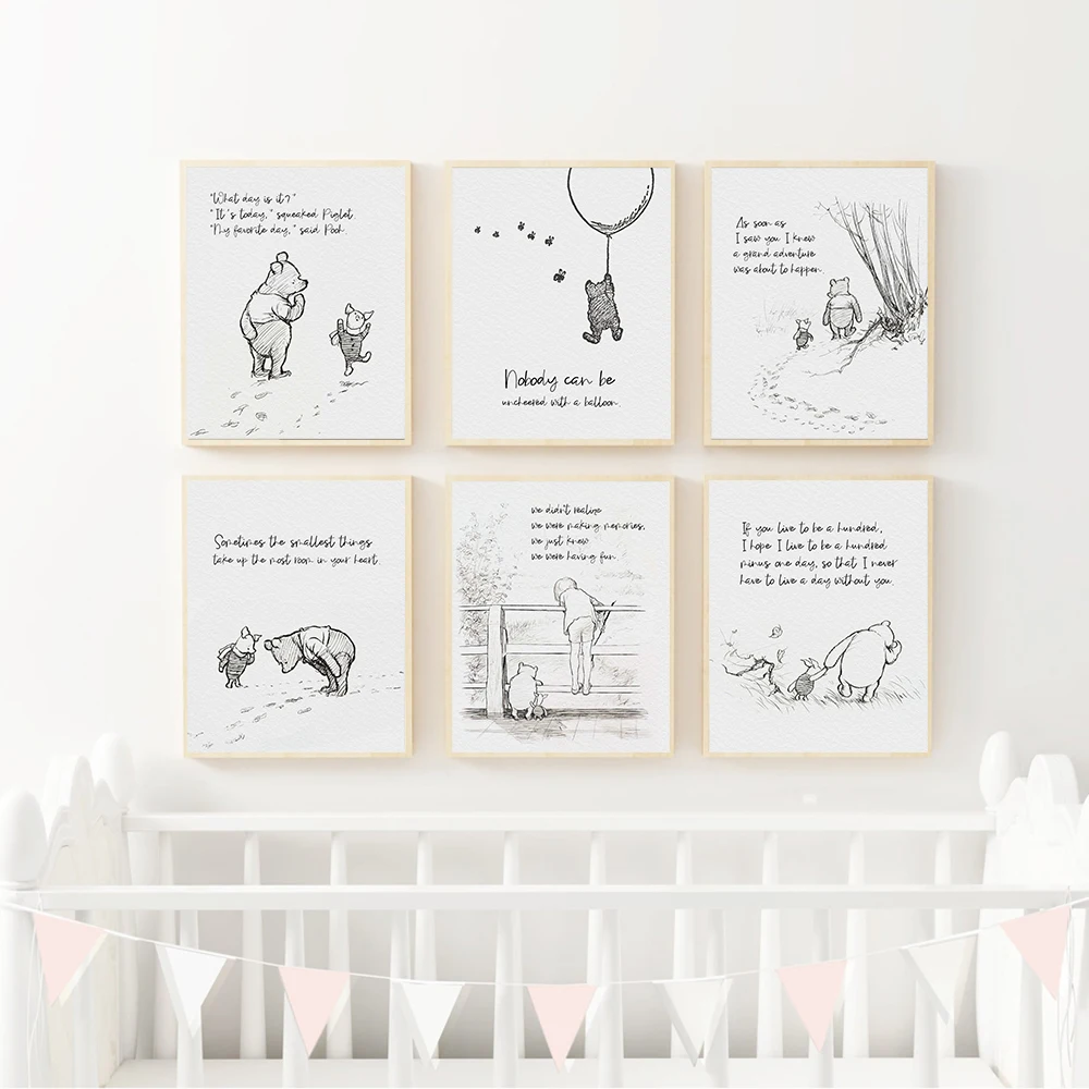 

Black White Cartoon Movie Poster Pooh Bear Piggy Positive Quotes Canvas Painting Nursery Wall Picture Living Kid Room Home Decor