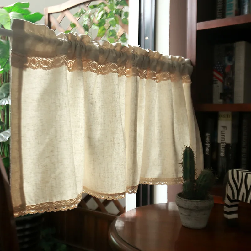 

Cotton Linen Lace embroidery half bay window short curtain short half curtain small window shading hole free kitchen short curta