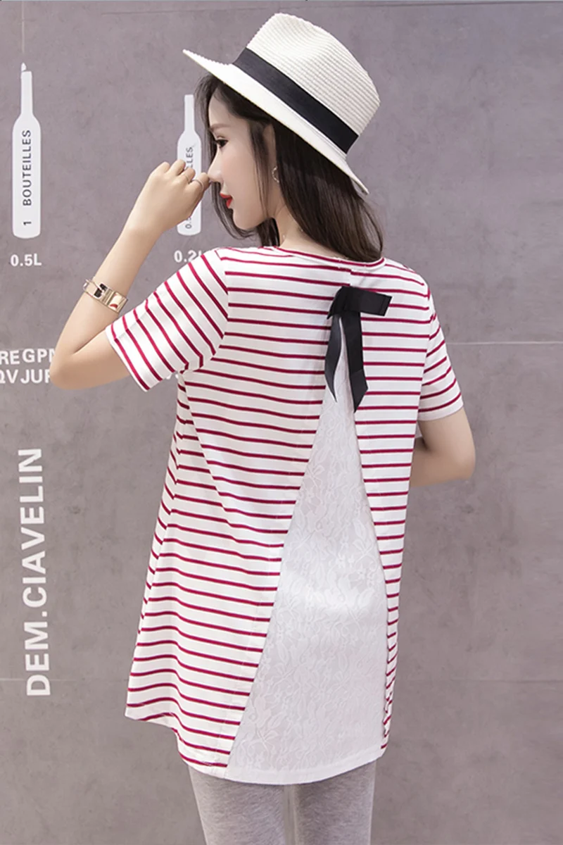 

960# Back Lace Patchwork Striped Cotton Maternity Tees Summer Casual Chic Ins T Shirt Clothes for Pregnant Women Pregnancy Tops