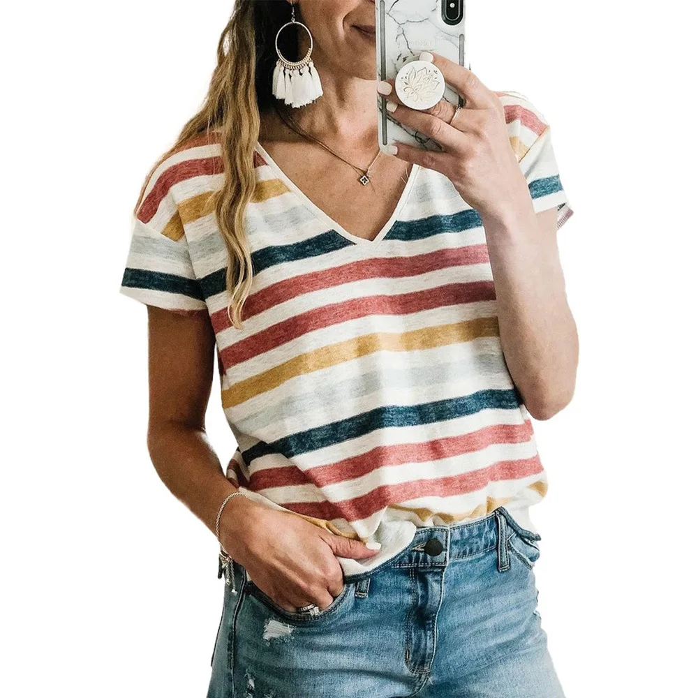 

Multicolor Stripes V Neck T-shirt Women Summer Causal Short Sleeve Tee Harajuku T Shirt Mujer Camisetas Plus Size S-2XL Top