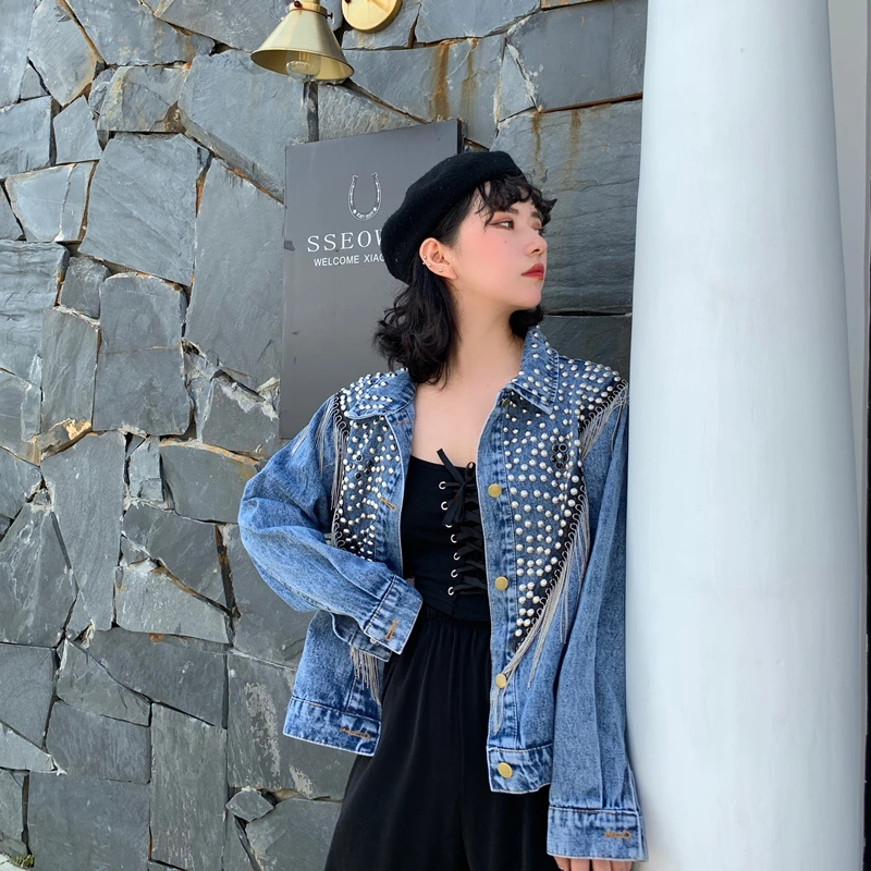 New Women Autumn Hand-studded Rivet Tassel Chain Short Jeans Coat Woman's Loose Jacket Coat Fashion Streetwear Denim Jacket