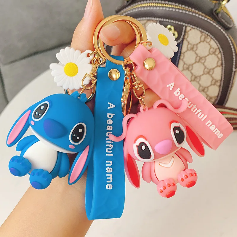 

Stitch Keychain Women Key Ring Men's Funny Cute Silicone Pendants Girls Cartoon Key Holder Blue Pink Chain for Pants Llaveros