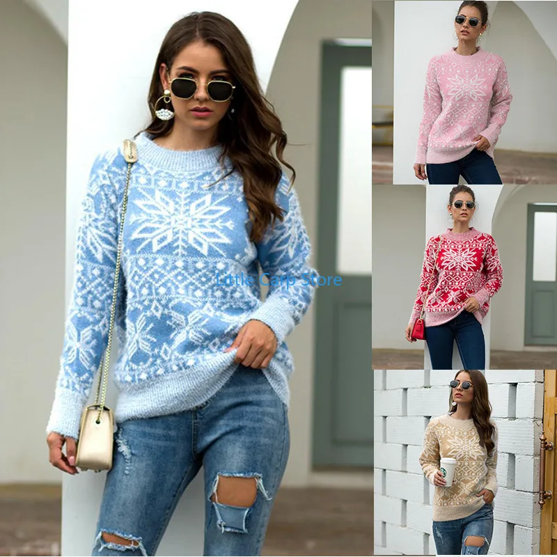 

2021 Autumn and Winter Women's Christmas Gift Sweater Printed Women's Pullover Knitwear cropped sweater