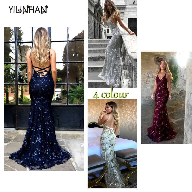 

YILINHAN Sequined Mermaid Bodycon Long Dress Women V Neck Elegant Summer Autumn Bandage Sexy Party Maxi Dress Female