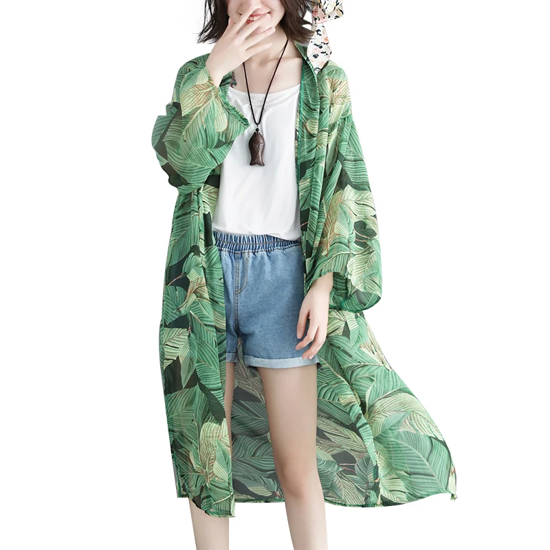 Women Loose Floral Print Blouse Summer Casual Boho Chiffon Coat Shawl Kimono Cardigan Tops Green Shirts Plus 3XL | Женская одежда