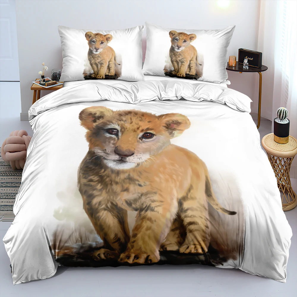 

3D White Bedding Set Custom Design Animal Quilt Cover Sets Lion Comforter Cases Pillow Slips 203*230cm Full Twin Double Size