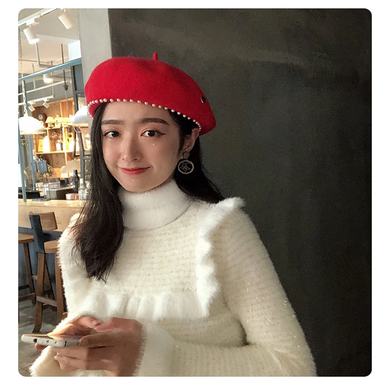 

New Hat Women's Beret Women's Autumn And Winter Woolen Cloth Pearl Bud Cap Octagonal British Soft Sister Painter Hat