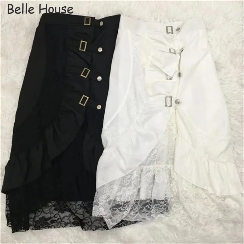 

2021 Black Lace Ruffle Patchwork Gothic Style Midi Skirts Metal Button Women Goth Punk Tutu Lolita Chic Emo Party платье BHN0986