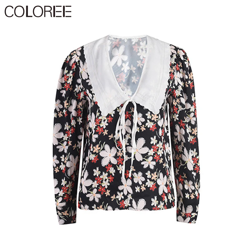 

Sprng Autumn Vintage Floral Printed Chiffon Womens Tops and Blouses 2021 Embroidery Collar Long Sleeve Top Mujer