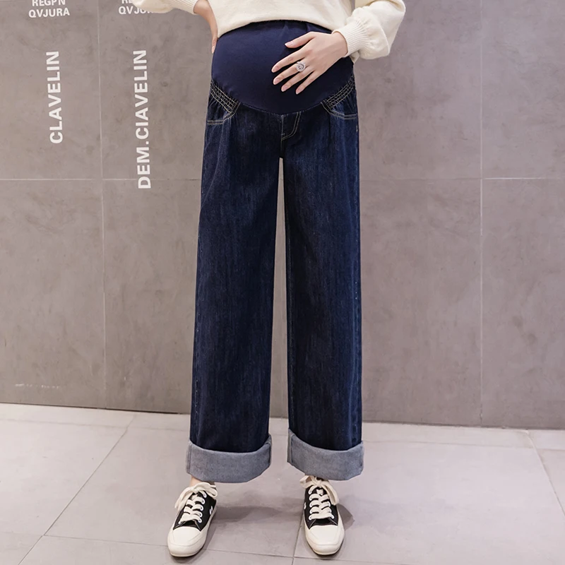

955# Autumn Spring Wide Leg Loose Denim Maternity Full Long Jeans Belly Pants Clothes for Pregnant Women Pregnancy Trousers