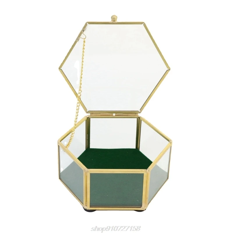 

Vintage Golden Glass Lidded Box Decorative Jewelry Keepsake Display Organizer Clear Hexagonal Box Rings Bracelet A24 21 Dropship