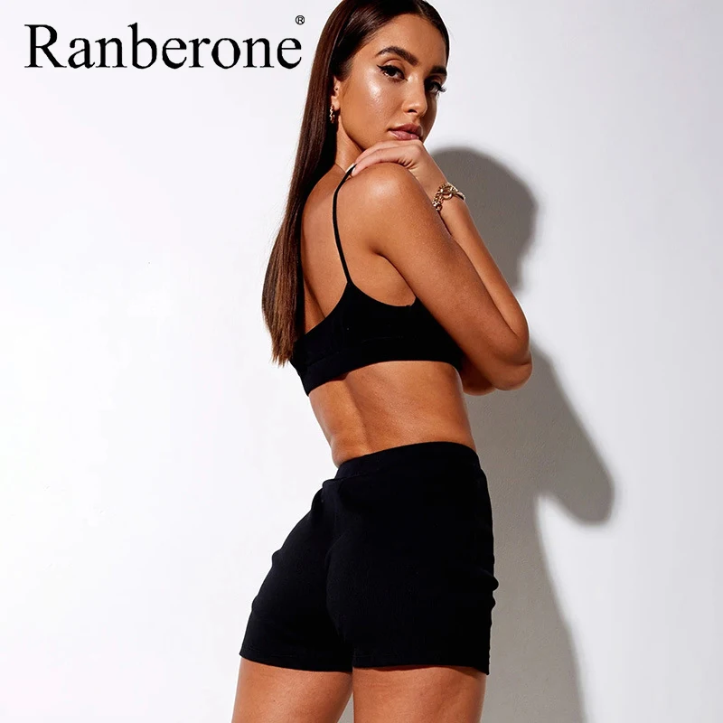 Ranberone 2 Piece Set Yoga Sets Sports Vest + Running Shorts Women Gym Clothes Sexy Outfit White And Black Fitness Sportswear