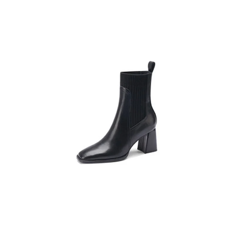 

Retro Brown Thick Heel Stretch Thin Boots 2021 Autumn and Winter New Square Toe Stitching Knitted High-heeled Ankle Boots