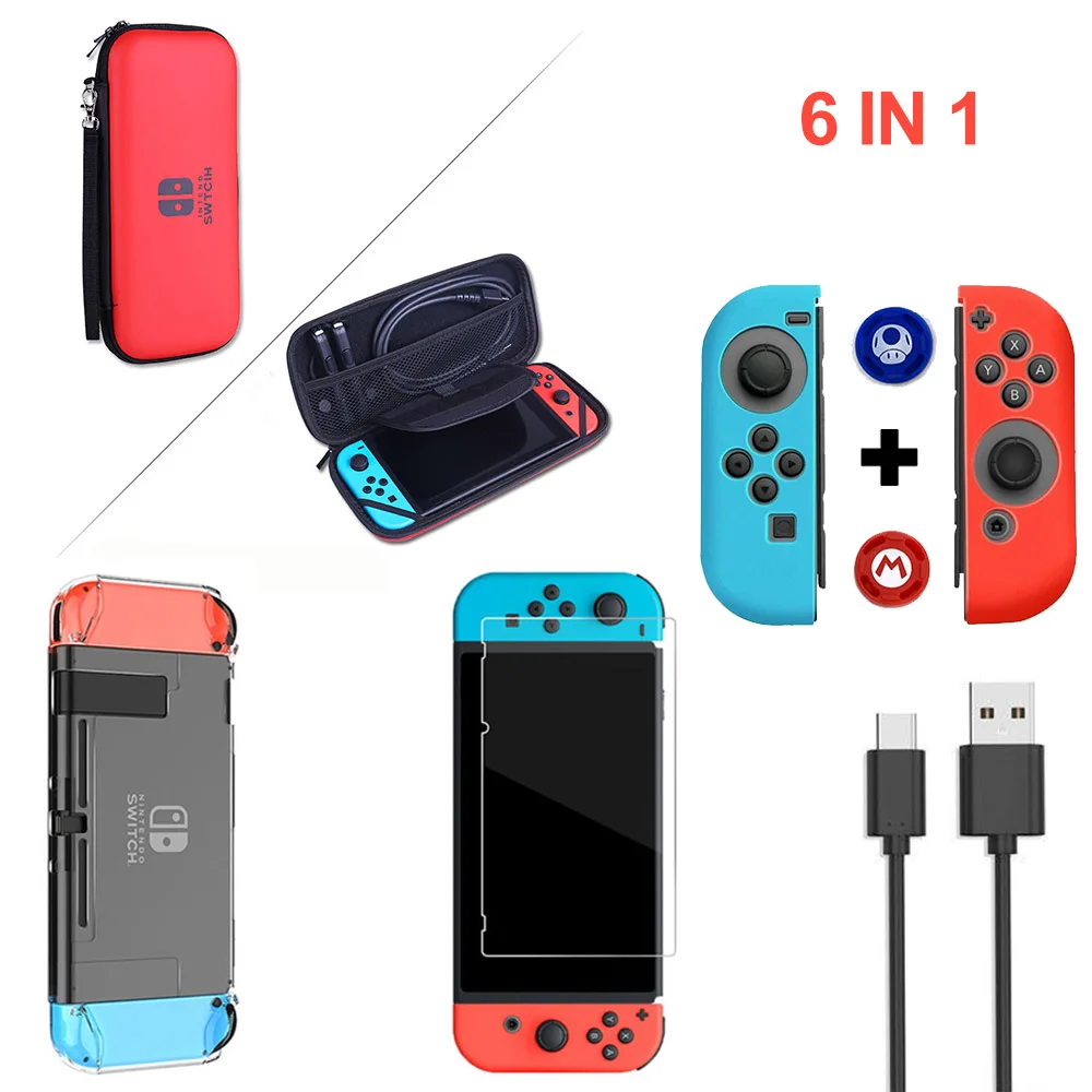 

Игровой набор аксессуаров для Nintendo Switch 6 в 1, защитная сумка, черная, красная, синяя дорожная сумка для переноски, защита экрана, зарядный кабе...