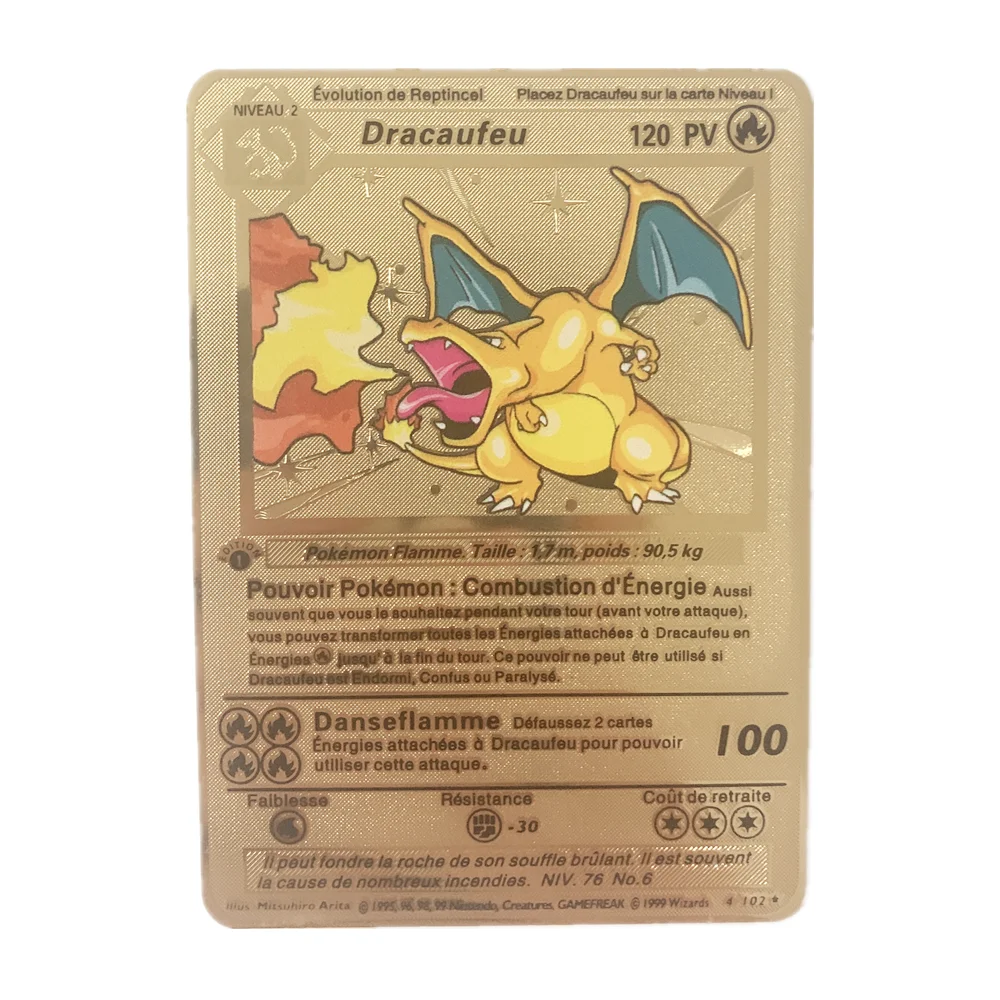 Juego de cartas de Metal de Pok&eacute;mon PV, juguete de oro brillante franc&eacute;s, drag&oacute;n de Respiraci&oacute;n de fuego, doble A La Carta, regalo de Navidad, nuevo, 2021-0