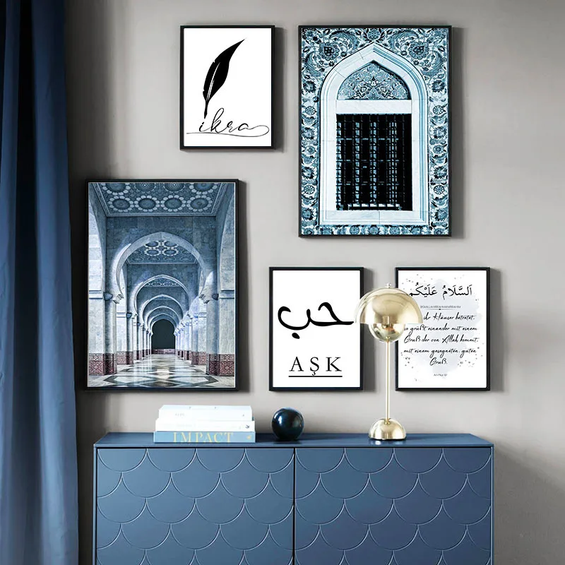 

Blue Moroccan Arches Islamic Church Halal Text Canvas Painting Poster pictures Wall Poster Fashion Prints Home Decor