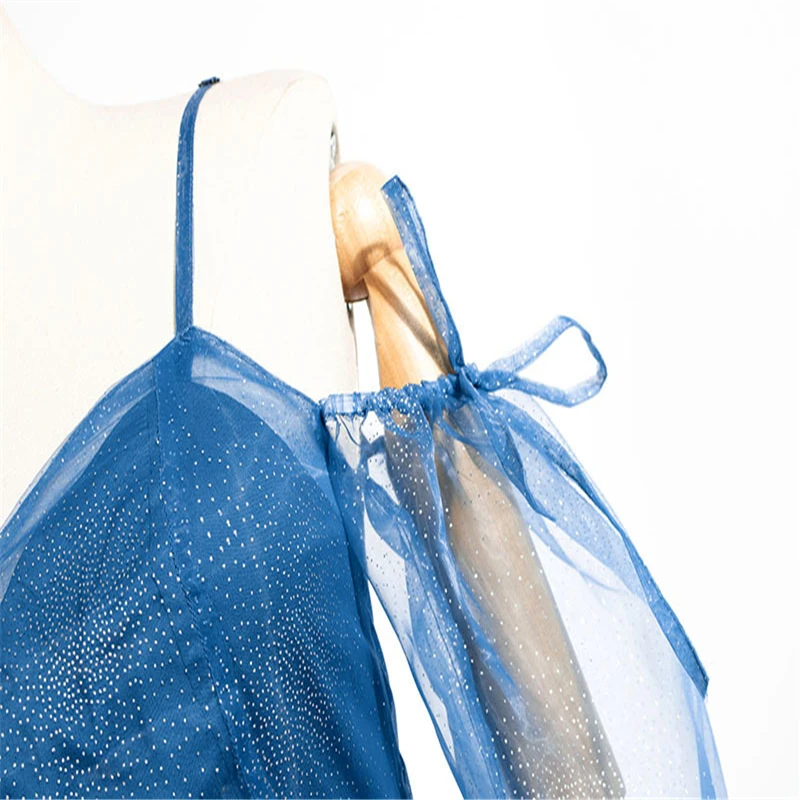 Женское платье без бретелек синее Сетчатое на бретельках с открытыми плечами IU Lee