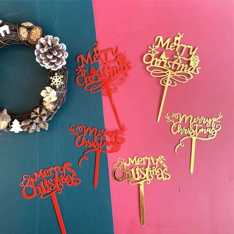 

2021 New Merry Christmas Cake Topper Gold Red Xmas Acrylic Cake Topper For Christmas Party Cake Decorations Happy New Year Decor