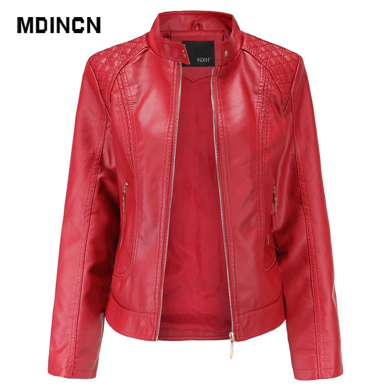 Женская кожаная куртка с воротником-стойкой однотонная верхняя одежда из