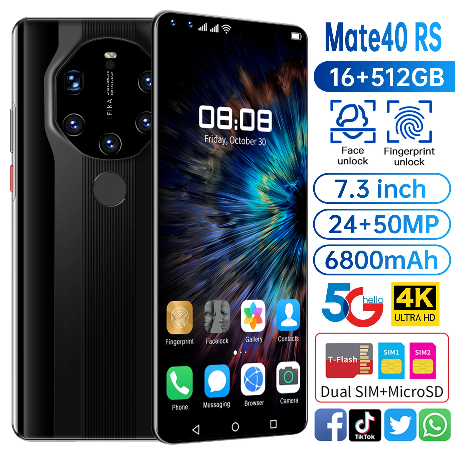 

2020 New Mate40 RS 7.3Inch Smartphone Global Version 16GB 512GB Cellphone 24+50MP 4G 5G Network 6800mAh GPS WiFi Mobile Phone