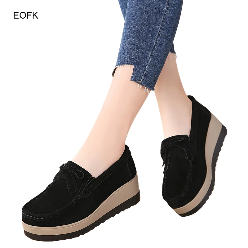

EOFK Spring Autumn Women Flats Suede Genuine Leather Shoes Lady Female Loafers Sweet Tassel Slip-ons Platform Moccasins