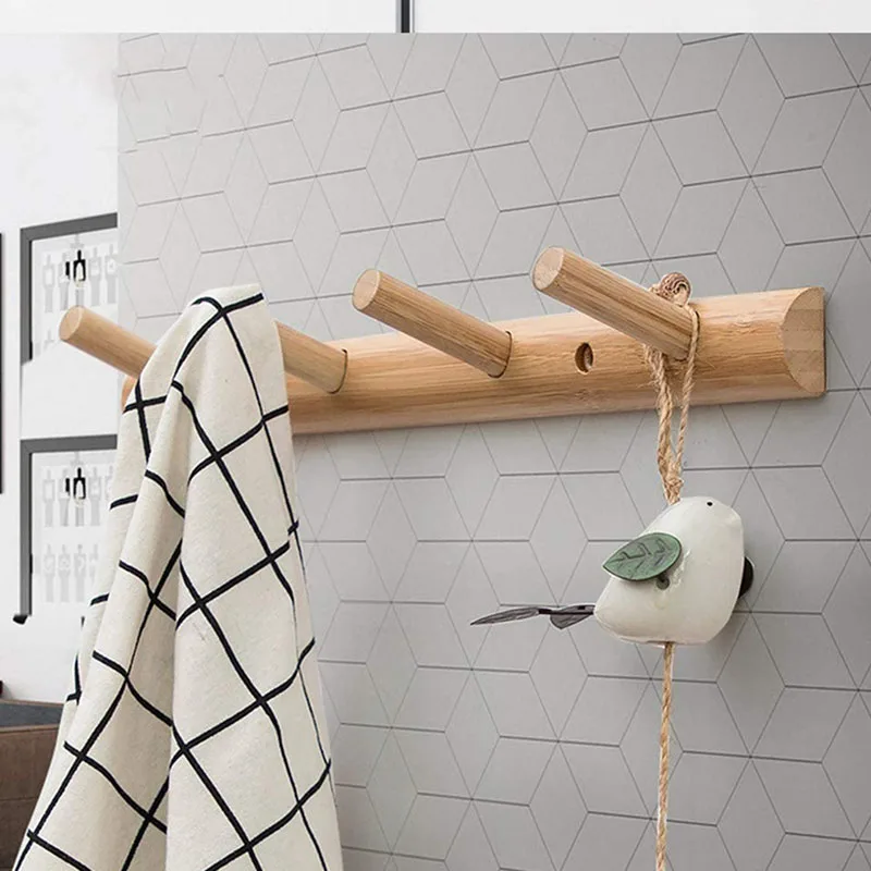 

Modern Bamboo Wooden Entryway Coat & Hat Hooks,Bathroom Kitchen Towel Rack,Wall Mounted,4 Pegs
