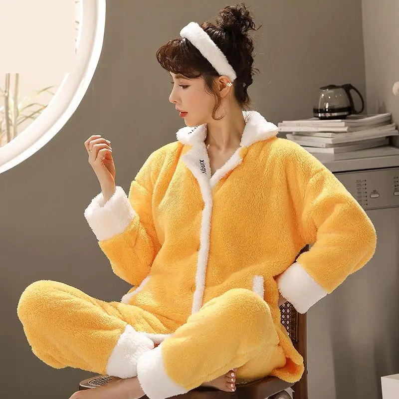 

Рубашка и брюки из кораллового флиса, Женский Пижамный костюм из 2 предметов, свободная одежда для сна, фланелевая ночная рубашка, тёплая уте...