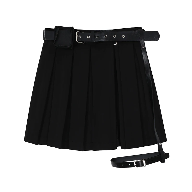 

2022 Punk Gothic Black Pleated Crop Skirts Women High Waist Belt Tide Grunge Goth Sexy Skirt Summer Y2K Fashion Egirl Clothes