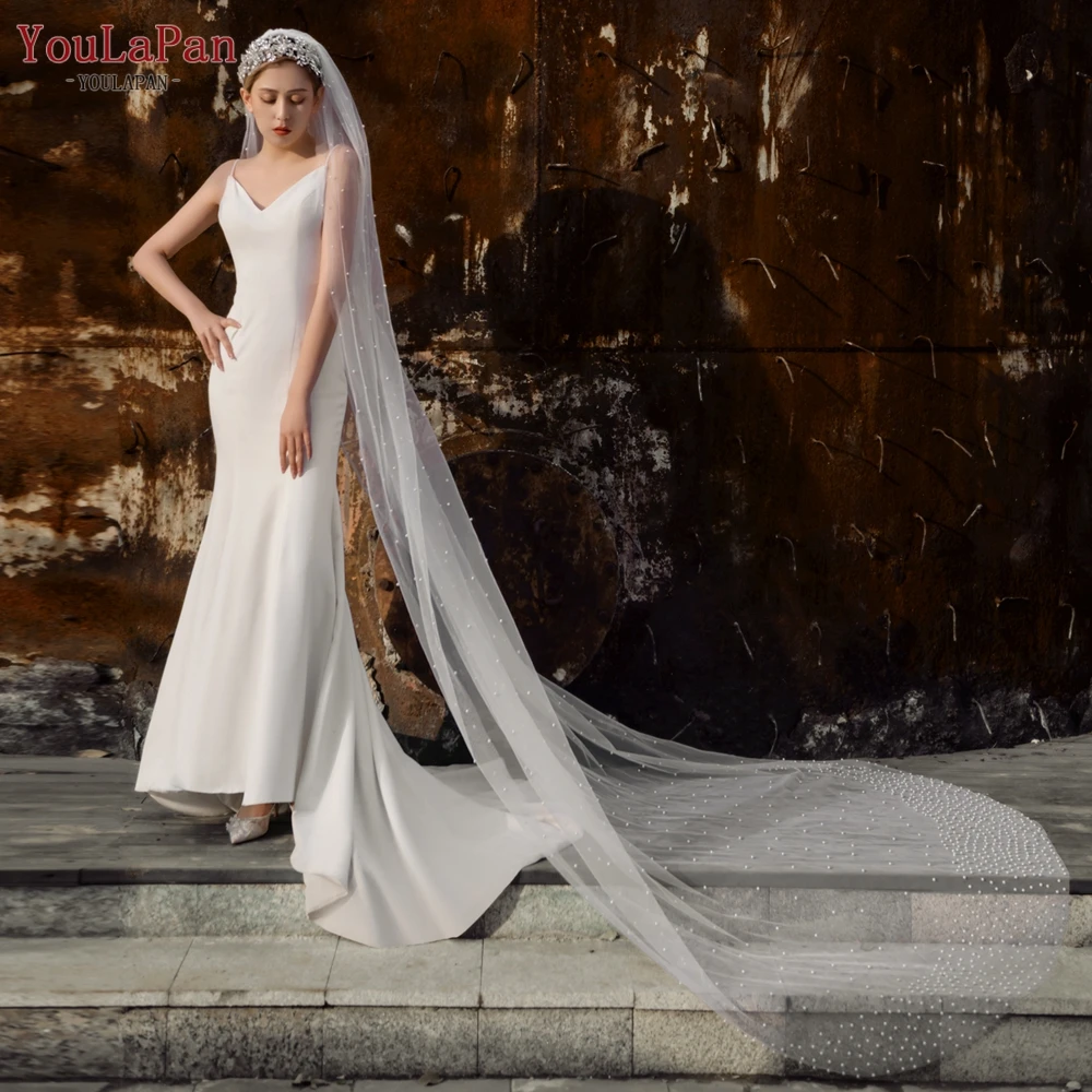 

YouLaPan V10 Long Cathedral Pearl Beaded Veil Wedding Veils with Comb One Tier Bridal Veu De Noiva Longo 5 Metros Frete Gratis