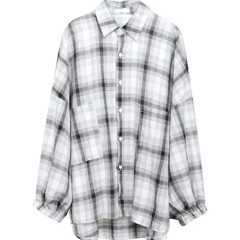 

2019 Spring Fashion Casual Lapel Blouses Women Plaid Shirt Female Long Sleeve Tops Blouse Rk