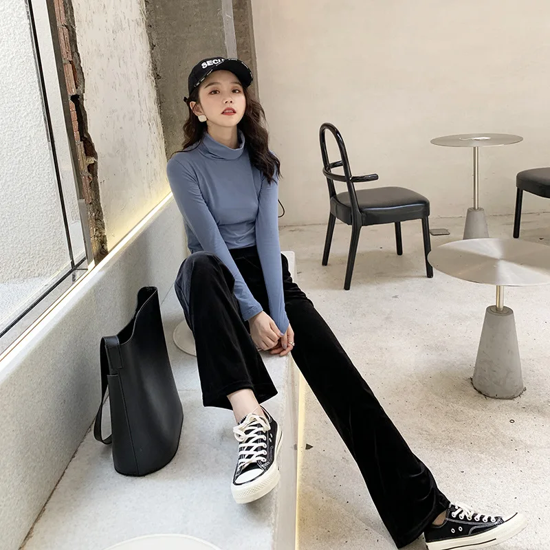 

Elastic Band Solid Pants Femme Fashion Women High Waist Wide Leg Pants 2021 Autumn Winter New Casual Pleuche Long Trousers Loose