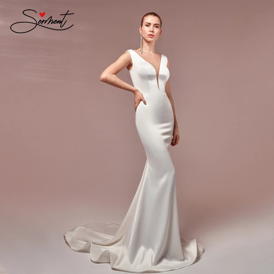 

BAZIIINGAAA Luxury Wedding Dress Satin Long Sleeve V-neck Mermaid Wedding Backless Sexy Bride Support Tailor-made