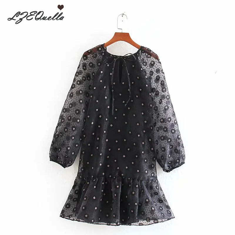 

LZEQuella Polka Dot Long Sleeve Mesh Dress Women Autumn Sexy O Neck Party Day Mini Dresses Chiffon Ruffle Clothes Female NZ2543