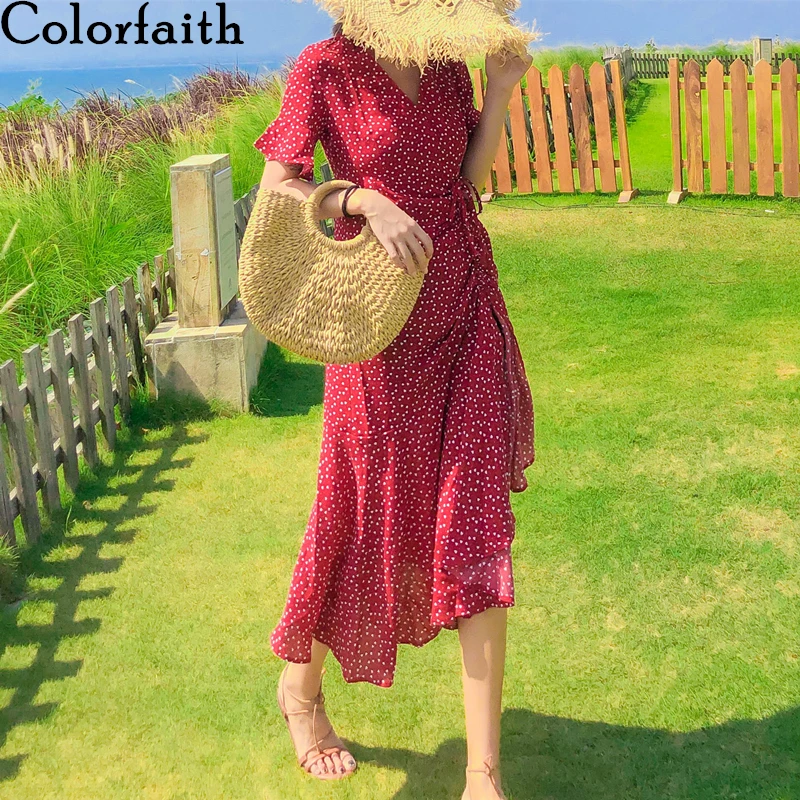 Женское платье с высокой талией Colorfaith винтажное длинное красное в стиле бохо