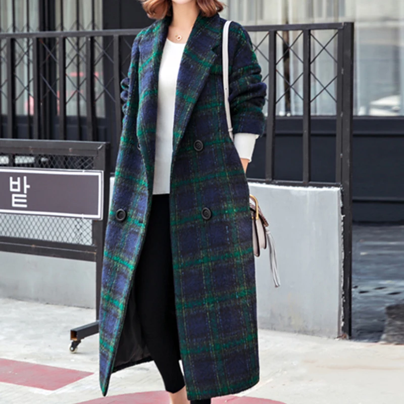 

Зимнее теплое длинное шерстяное пальто в клетку, женское элегантное двубортное пальто Za Alpaca, свободное повседневное пальто в Корейском сти...
