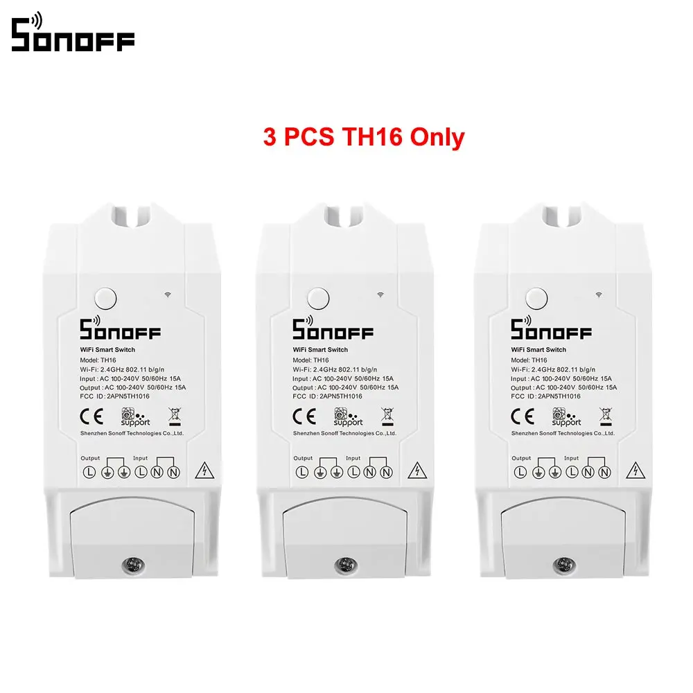 3 шт. SONOFF TH16 Wifi умный переключатель, мониторинг температуры и влажности DS18B20/AM2301/Si7021/AL560 для умного дома - Комплект: 3PCS TH16